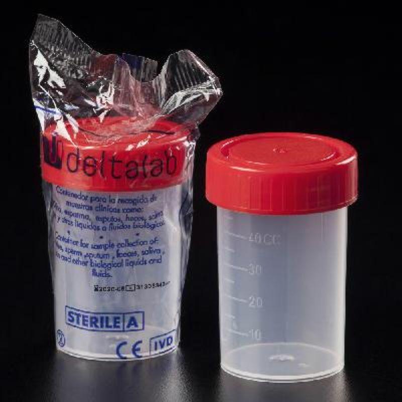 Контейнер об’ємом 60 мл (38х65 мм) стерильний поліпропіленовий з червоною гвинтовою поліетиленовою кришкою, в індивідуальній упаковці